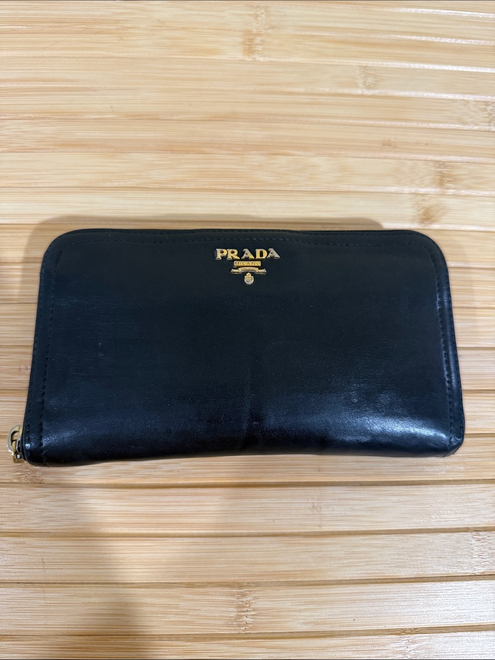 Prada Black Leather Zip Wallet with Gold-Tone Hardware